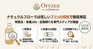 ナチュラルフローラ（Natural FLORA）の怪しさを検証する記事のアイキャッチ。特商法や有機JAS認証、定期縛りの有無を調査した内容を告知。