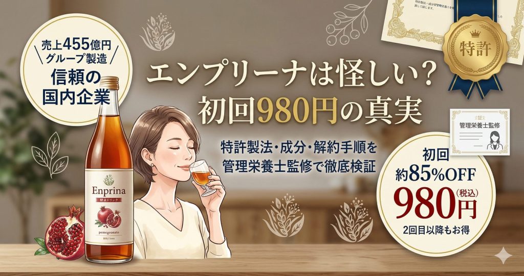 エンプリーナ酵素ドリンクの検証記事アイキャッチ。初回980円の案内と、特許製法・成分・解約の解説を訴求。