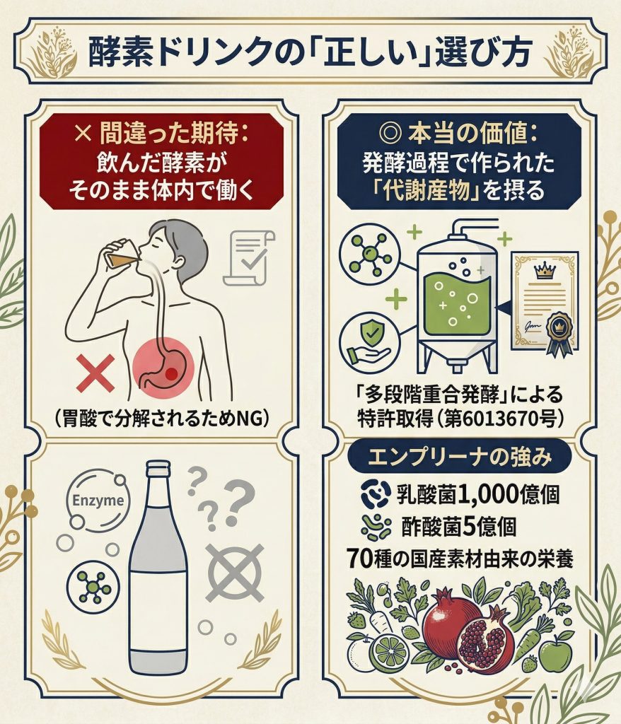 酵素ドリンクの誤解と真実の対比図。酵素そのものの補給ではなく、発酵代謝産物の摂取が重要であることを説明。