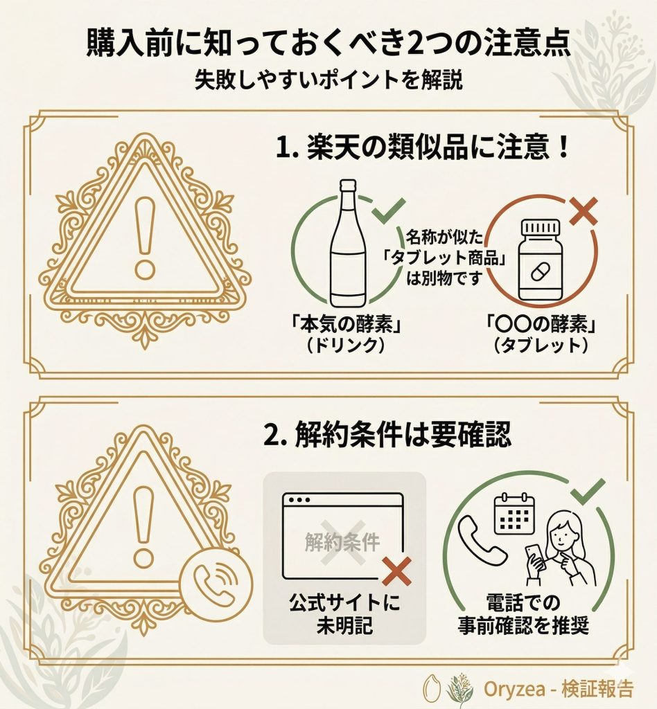 本気の酵素購入時の注意点図解。楽天の類似品と、解約条件の電話確認について解説。