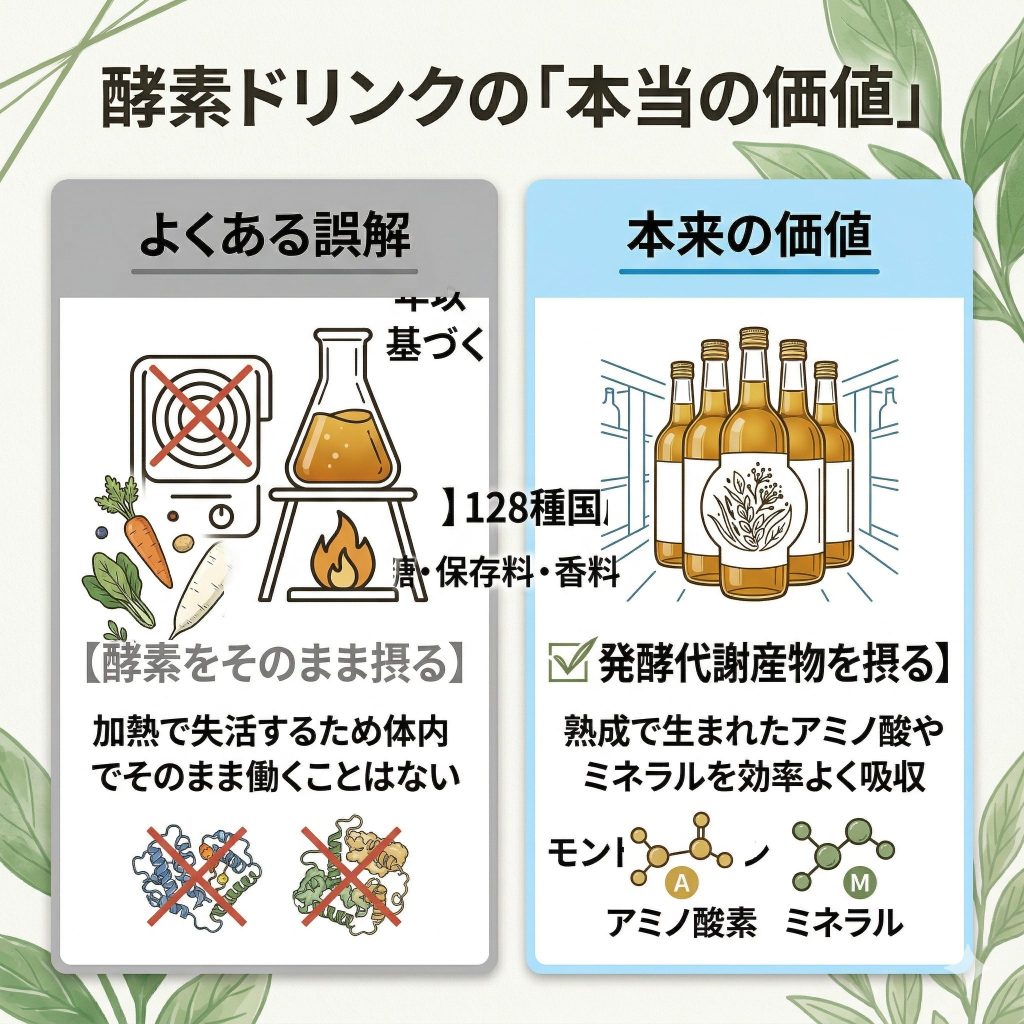 酵素ドリンクの誤解と真実の対比。加熱による酵素失活よりも、発酵で生まれた栄養素の吸収が重要であることを説明。