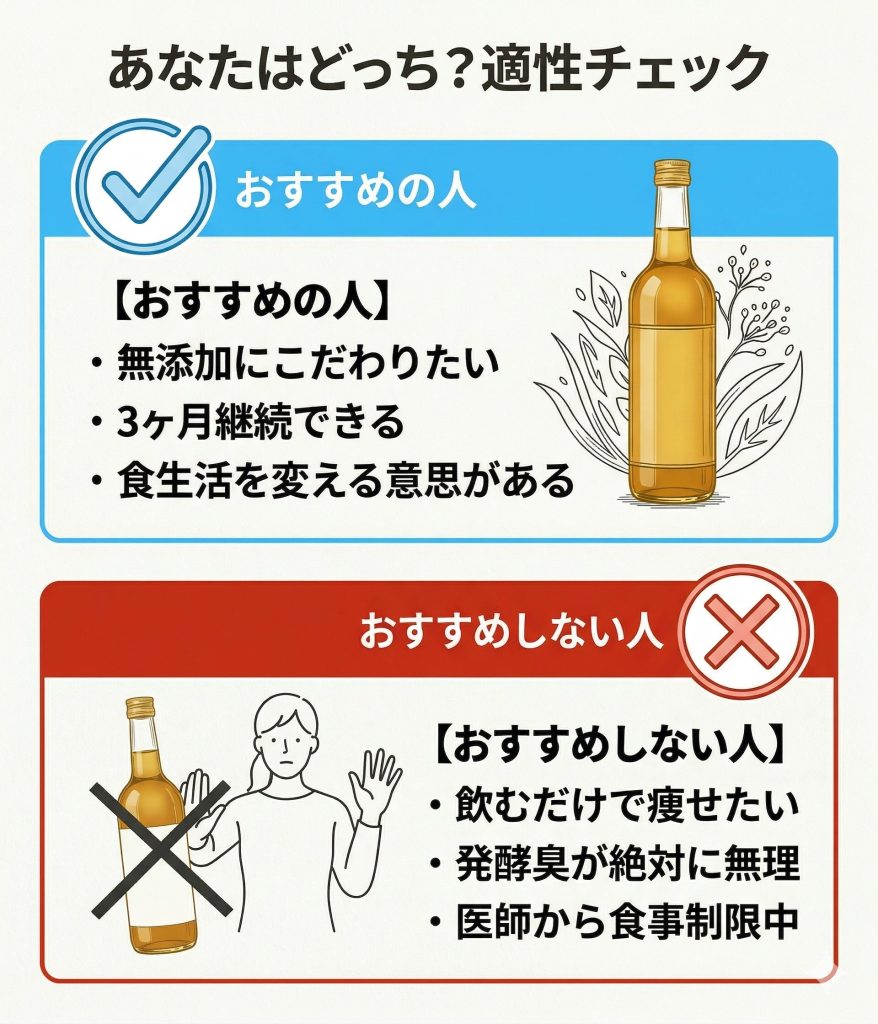 優光泉の適性チェックリスト。無添加志向や継続意思がある人には推奨、即効性重視や発酵臭が苦手な人には非推奨。