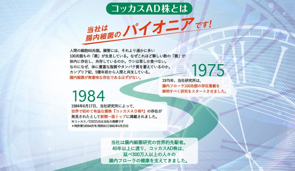 乳酸菌「コッカスAD株」を研究・開発した株式会社アドバンスの公式サイト解説画面