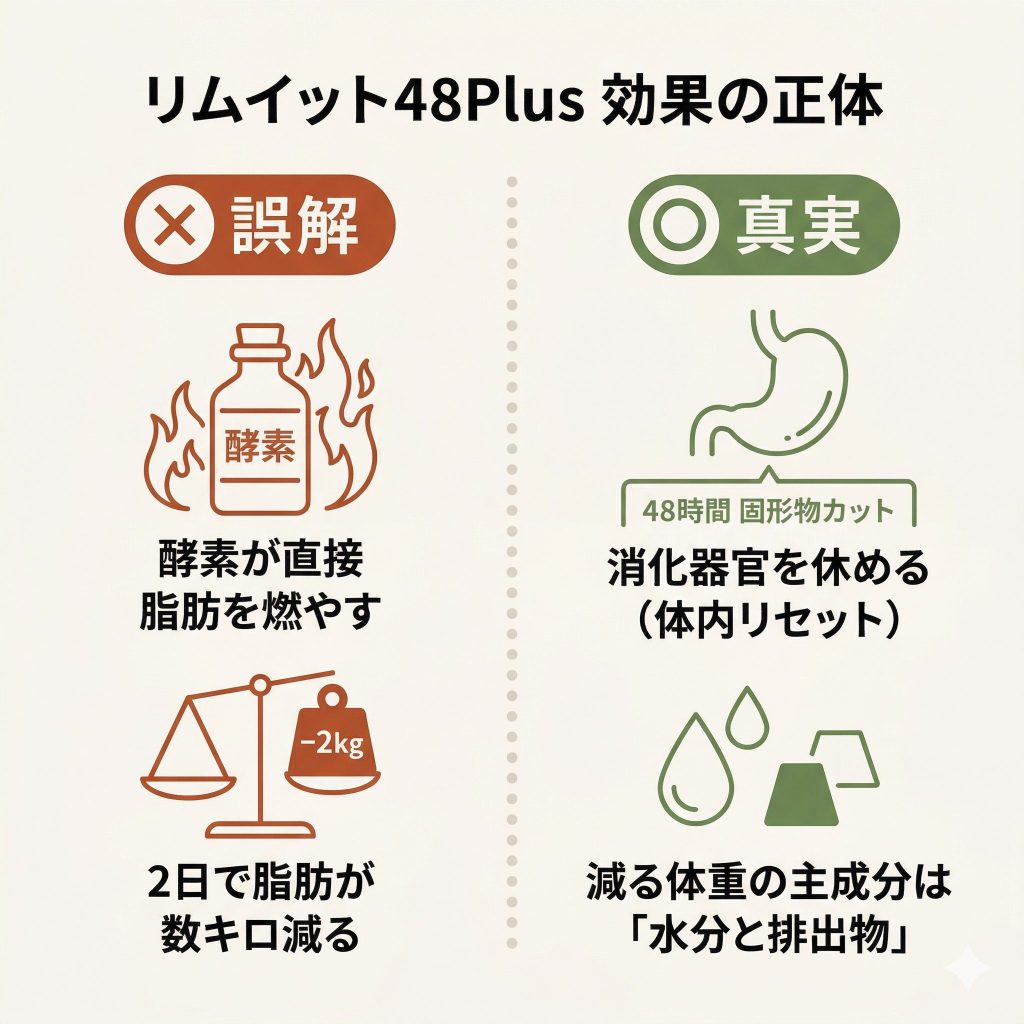 リムイット48Plusの誤解と真実の対比図。「酵素で痩せる」ではなく「消化器官の休息」が正体であることを説明。