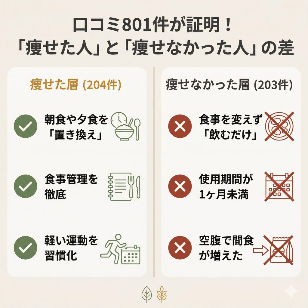 ベルタ酵素で痩せた人と痩せなかった人の特徴比較。置き換えと食事管理の有無が成果の分かれ目であることを図解。